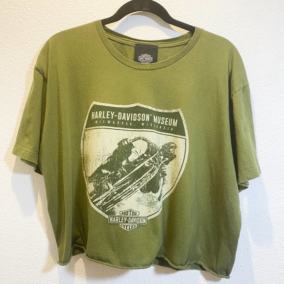 Harley-Davidson Tops - Olive Green Harley Davidson Cut Off Cropped Tee | Size L/XL